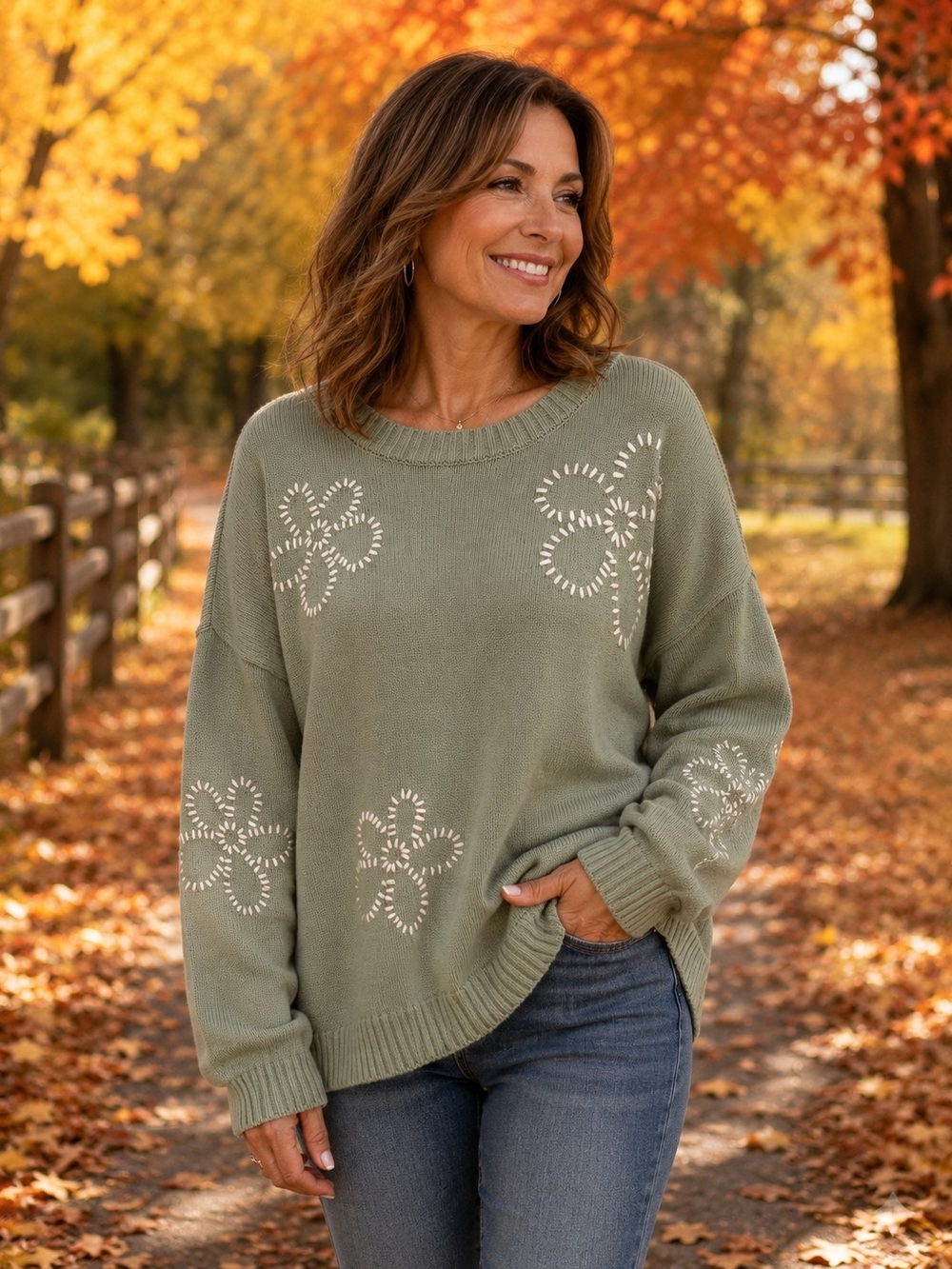 💚 Sage Green Floral Stitch Crewneck Sweater